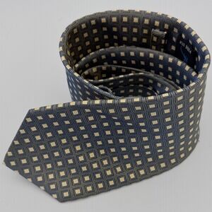 Peacock Pure Silk Tie Blue Gold Geometric Square Pattern Handmade Mens Necktie